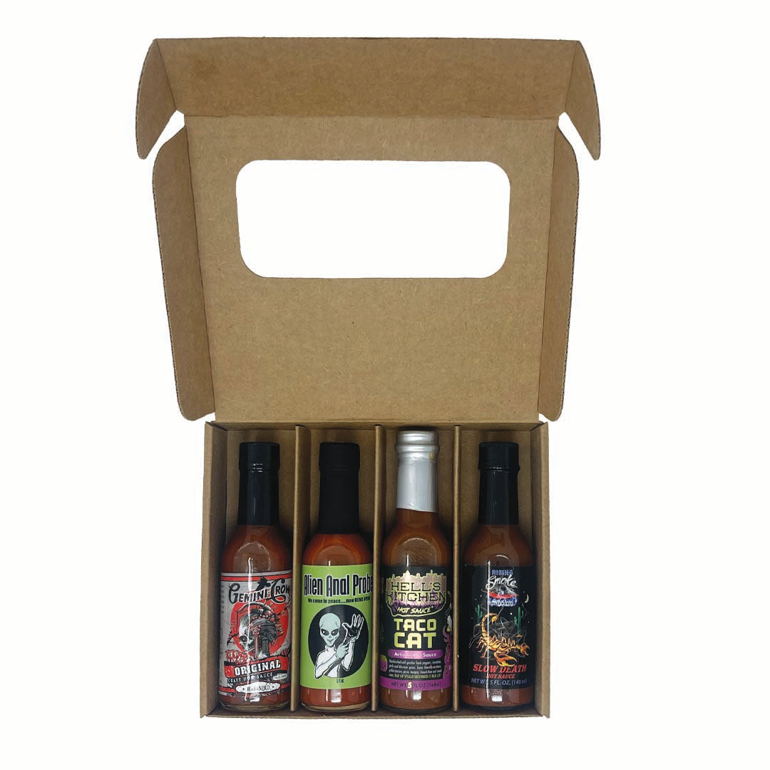 Hot Sauce Box - Four 5oz Woozy Bottles - Flat Pack Gift Box